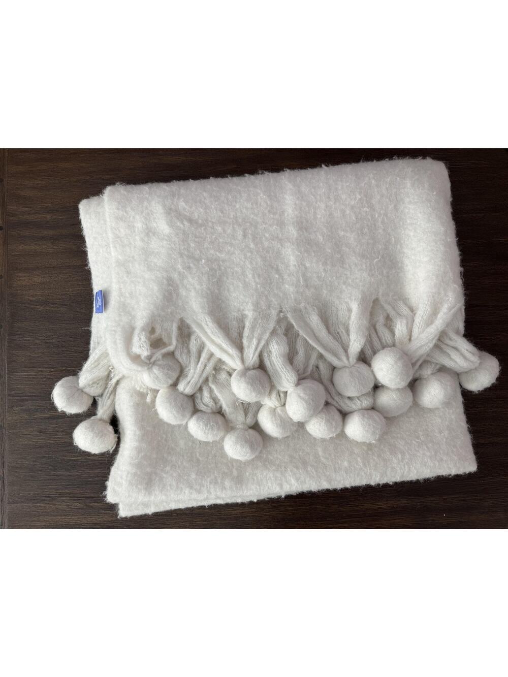 Pine Cone Hill Wool Blend Pom Pom Throw Blanket White Cozy Knit Fuzzy